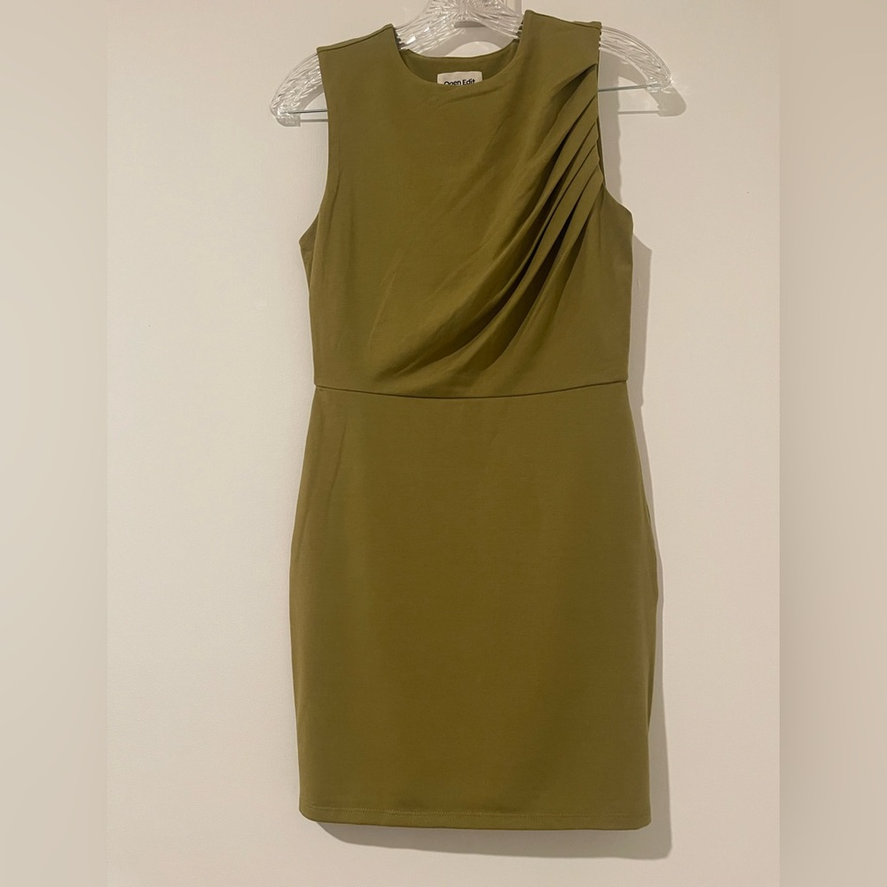 Open Edit Olive Green Pleated Sleeveless Mini Dress